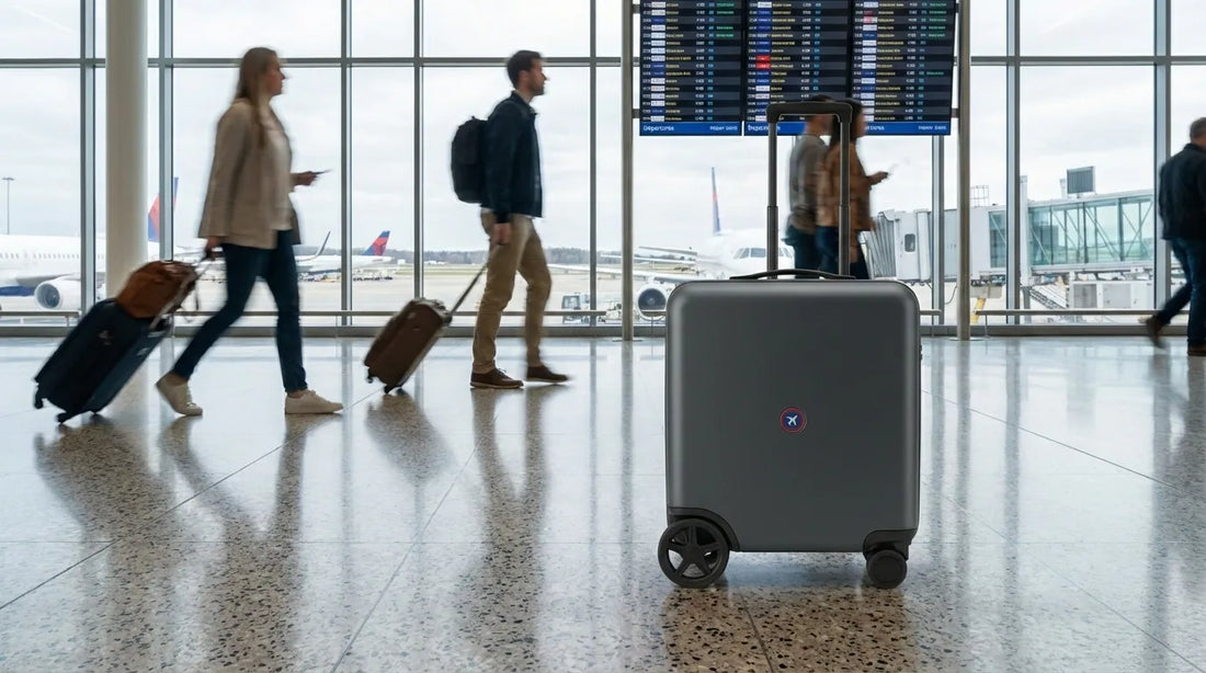 Dark gray Rollertron RT1 carry-on suitcase standing in an airport terminal with travelers and flight information screens in the background.