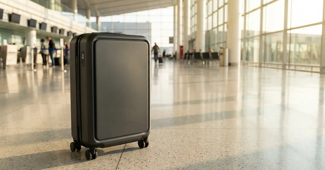 Sleek gray hard-shell carry-on suitcase standing on four spinner wheels in a bright airport terminal with travelers in the background.