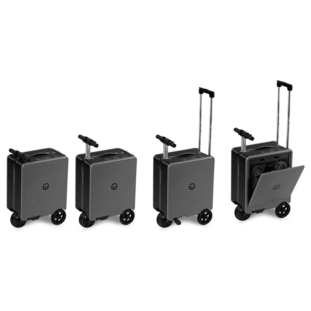 Колаж с четири изгледа на тъмно сив скутер-куфар: сгънато кормило, изправено кормило, изтеглена дръжка и отворено отделение.