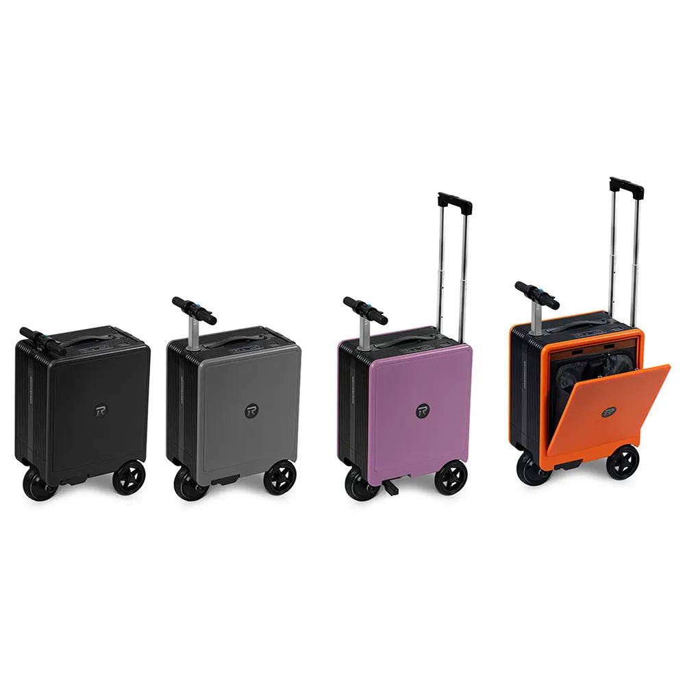 Колаж с четири цвята скутер-куфар: черен, сив, Розов и оранжев, с различни позиции и отворено отделение.